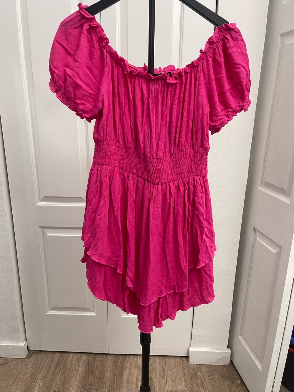 Hot Pink Off-Shoulder Ruffle Mini Dress